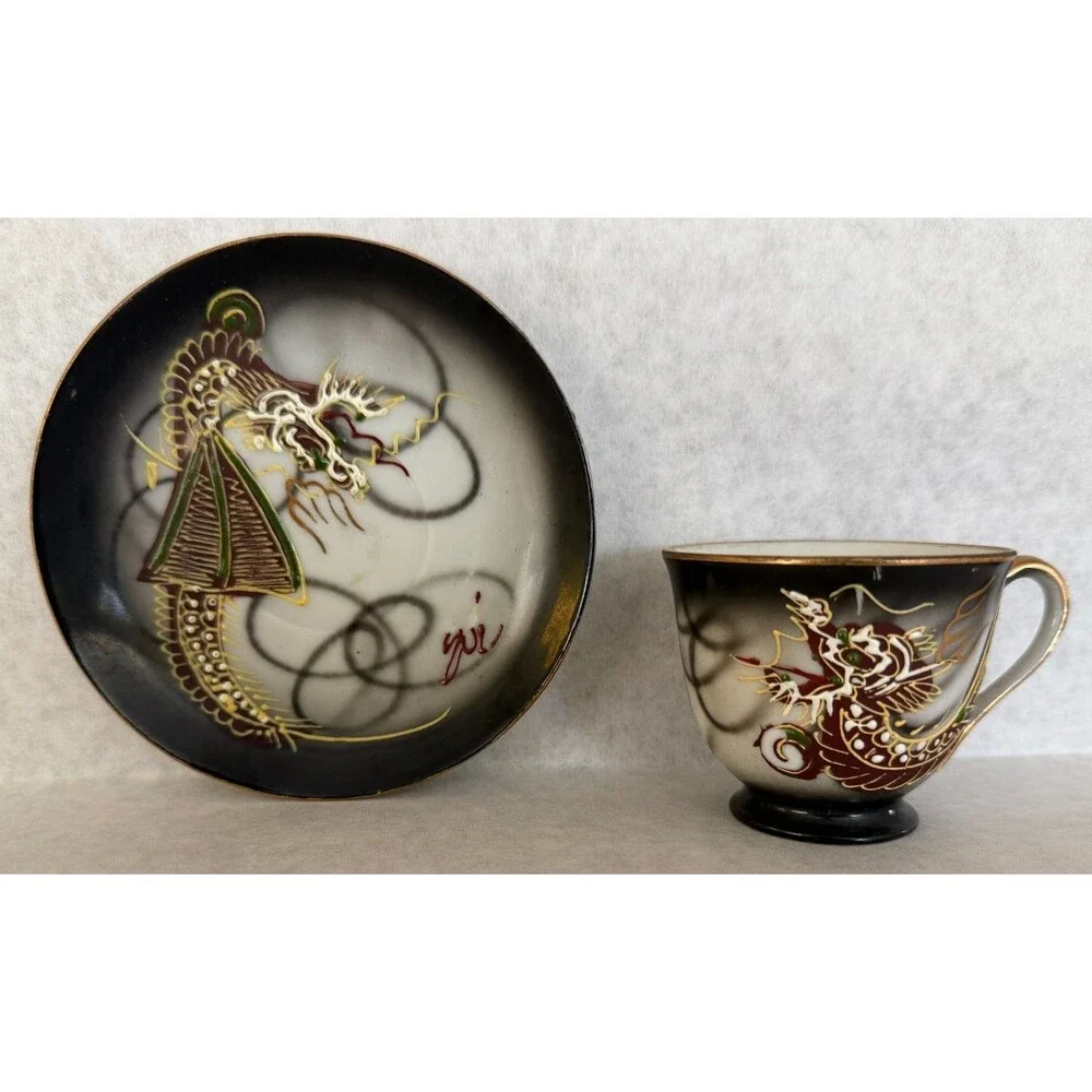 Lithophane Japanese Cup and Saucer Black and Gold